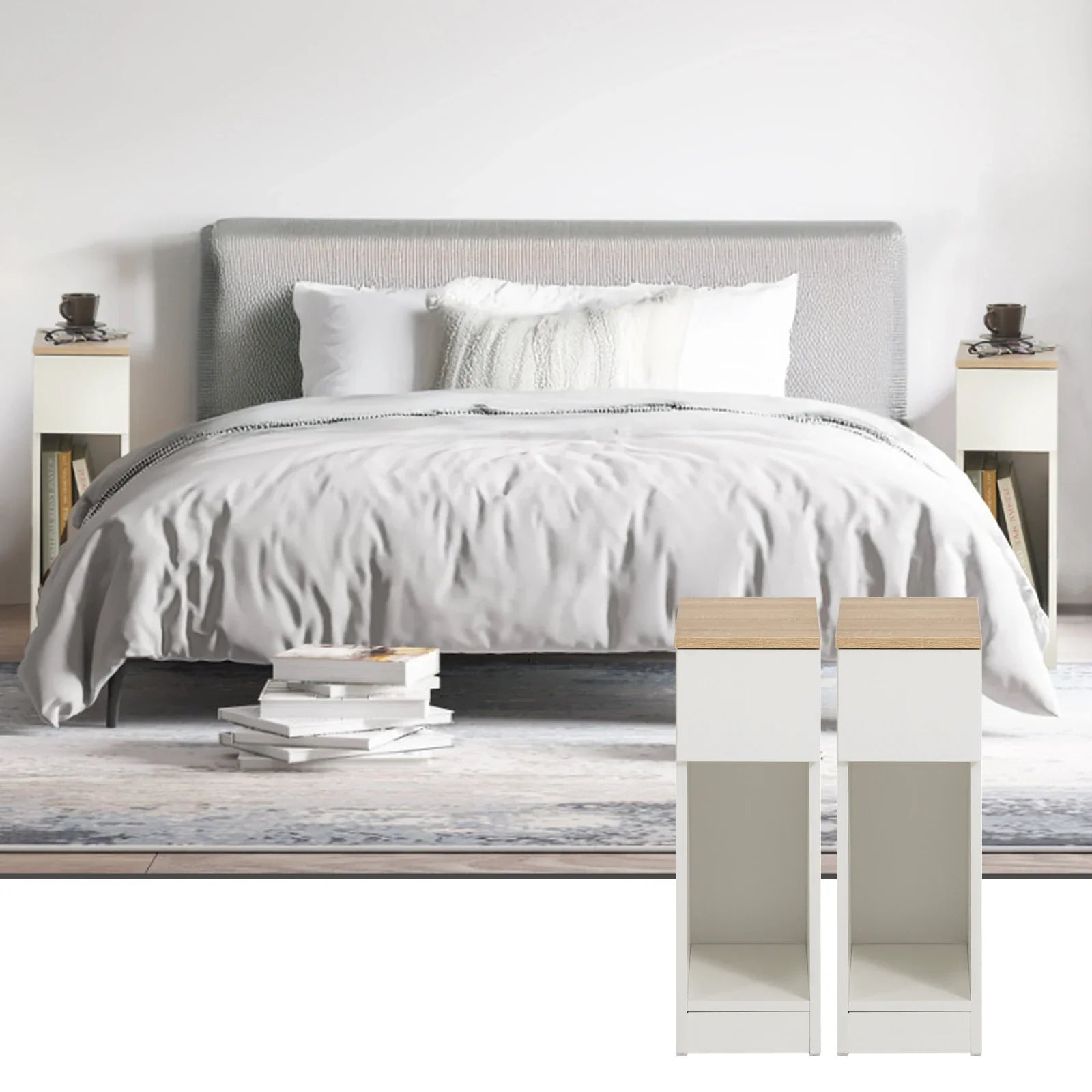 Arvion - Set of 2 Narrow Nightstands with DraArvion Narrow Nightstand Set of 2 for Boxspring or Sofa | Slim Side Tables with Drawer | Compact Modern Storage Solutionwer for Boxspring or Sofa