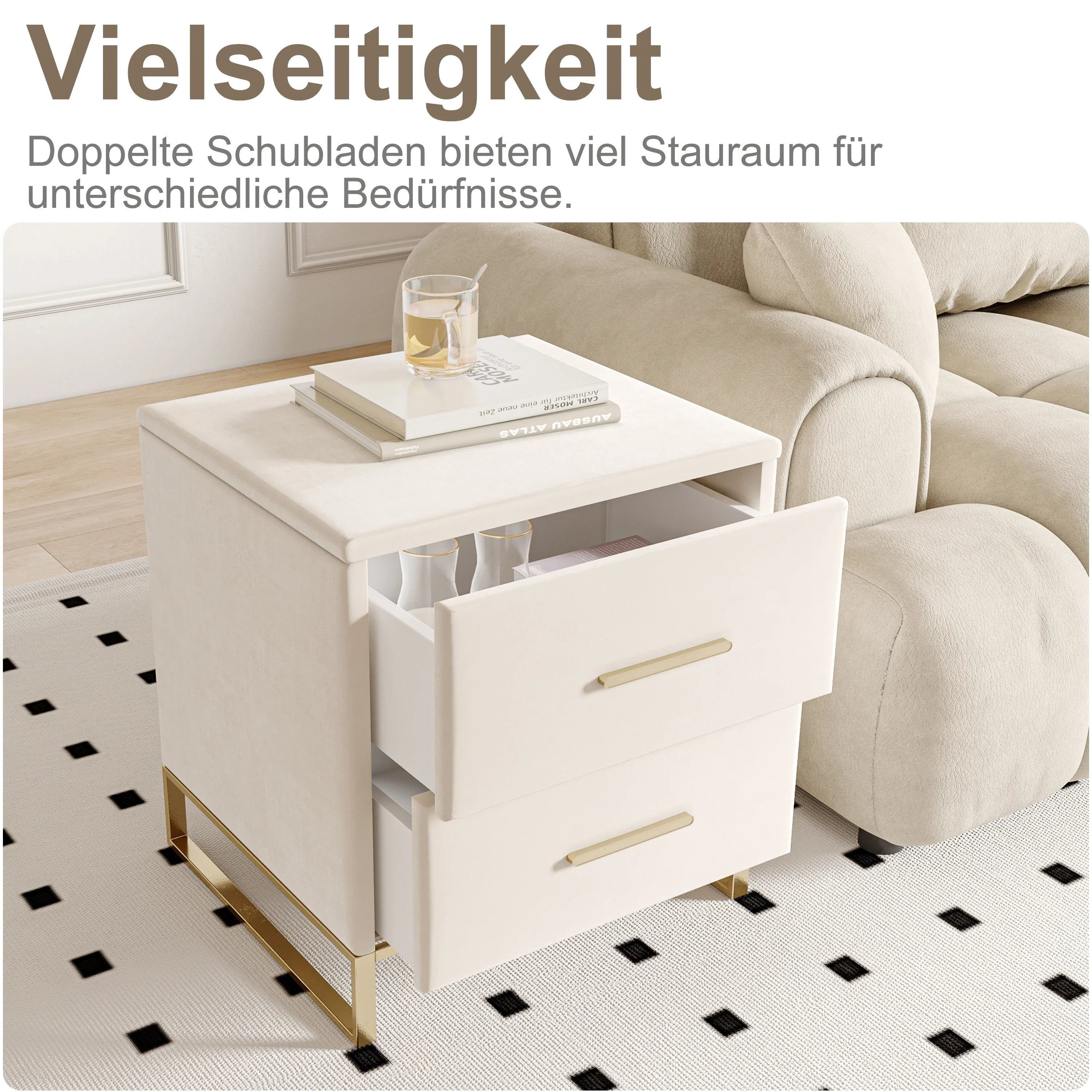 Rosahome Velvet Nightstand Set of 2 with Drawer and Metal Handle | Luxury Beige Bedside Tables | Modern Side Tables
