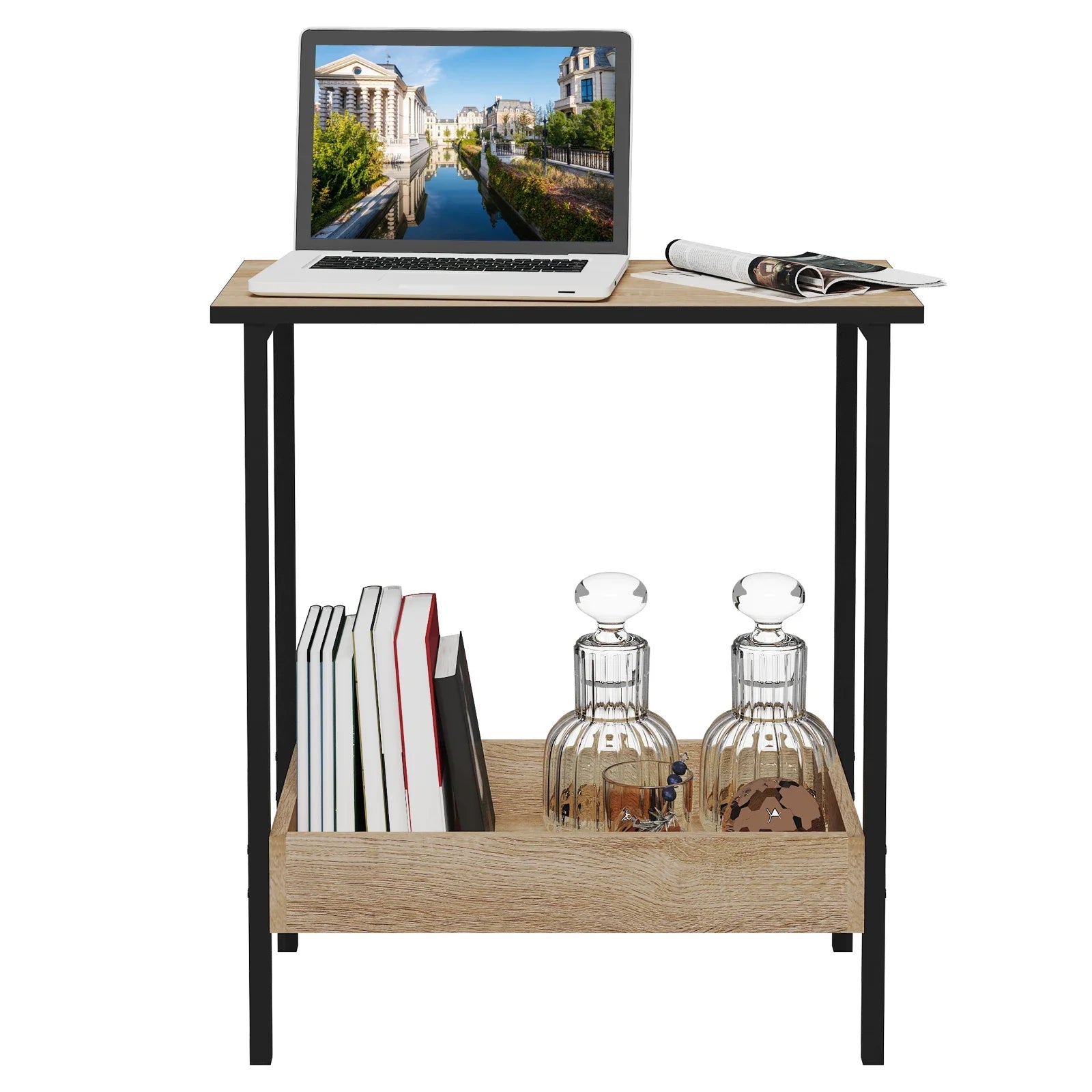 Velistra 2-Shelf Side Table | Wooden & Metal Coffee Table with Storage | Compact Modern Nightstand & Sofa Table | Space-Saving Design | 50 × 55 × 25 cm