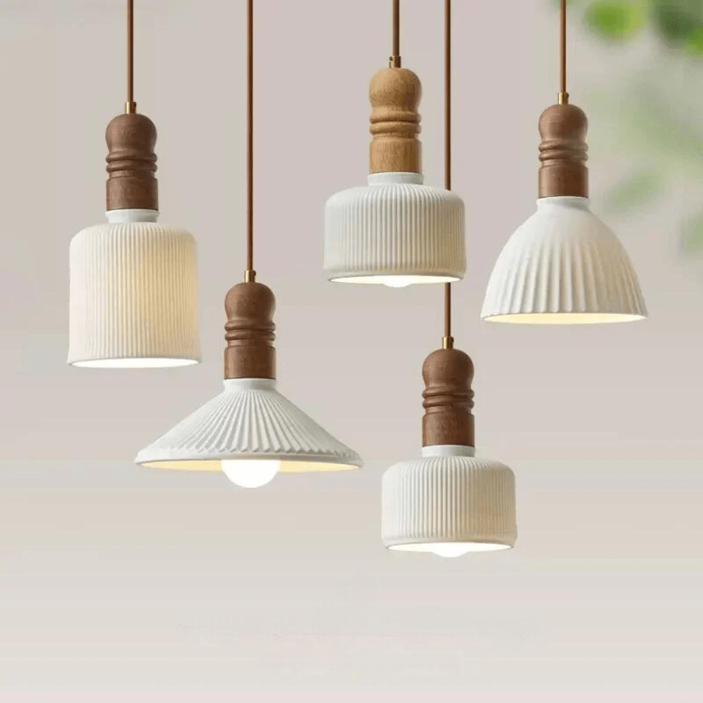 Cream Wood Pendant Lamp Scandinavian Natural Design | Solid Wood Look | E27 LED Compatible | Multiple Sizes Indoor Lighting