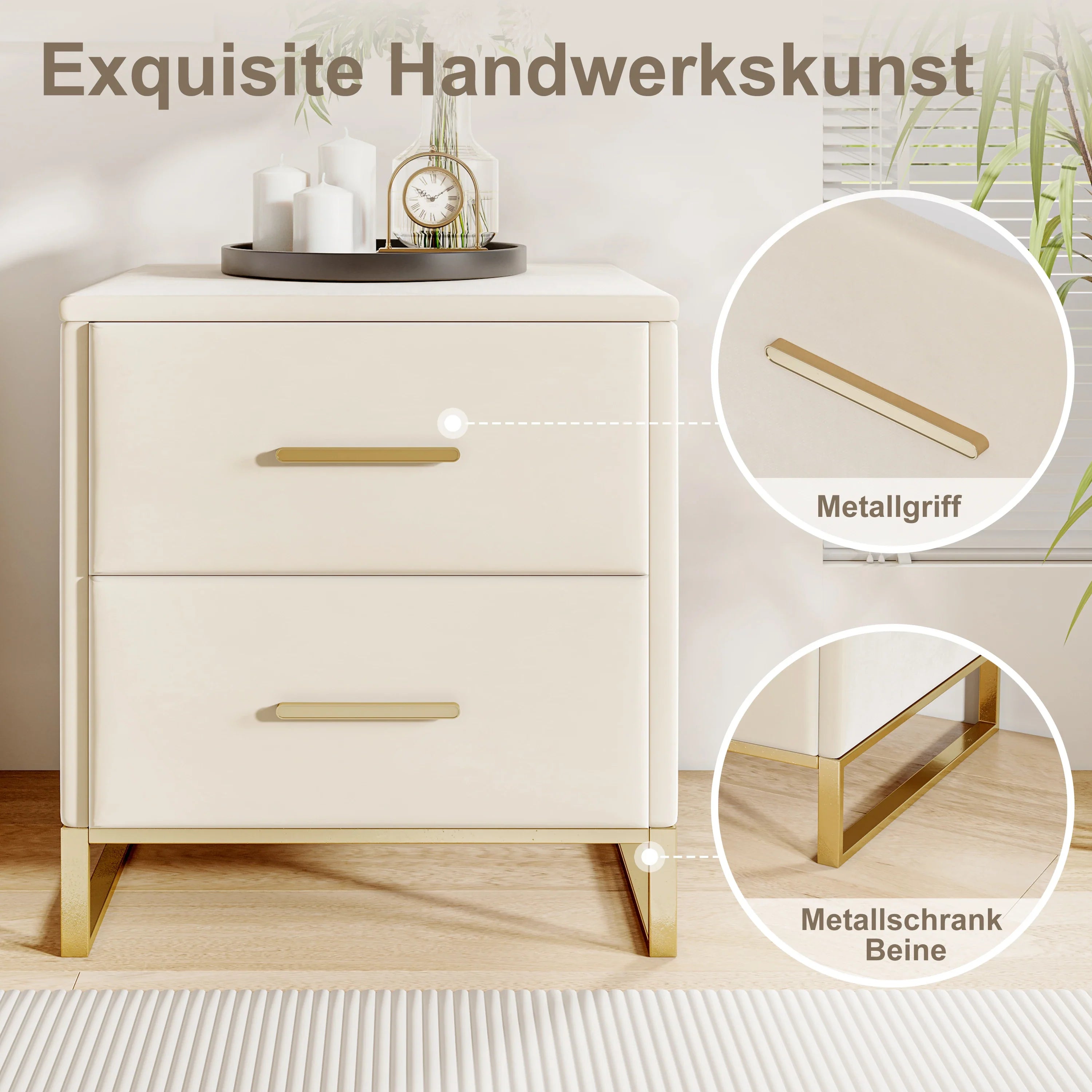 Rosahome Velvet Nightstand Set of 2 with Drawer and Metal Handle | Luxury Beige Bedside Tables | Modern Side Tables