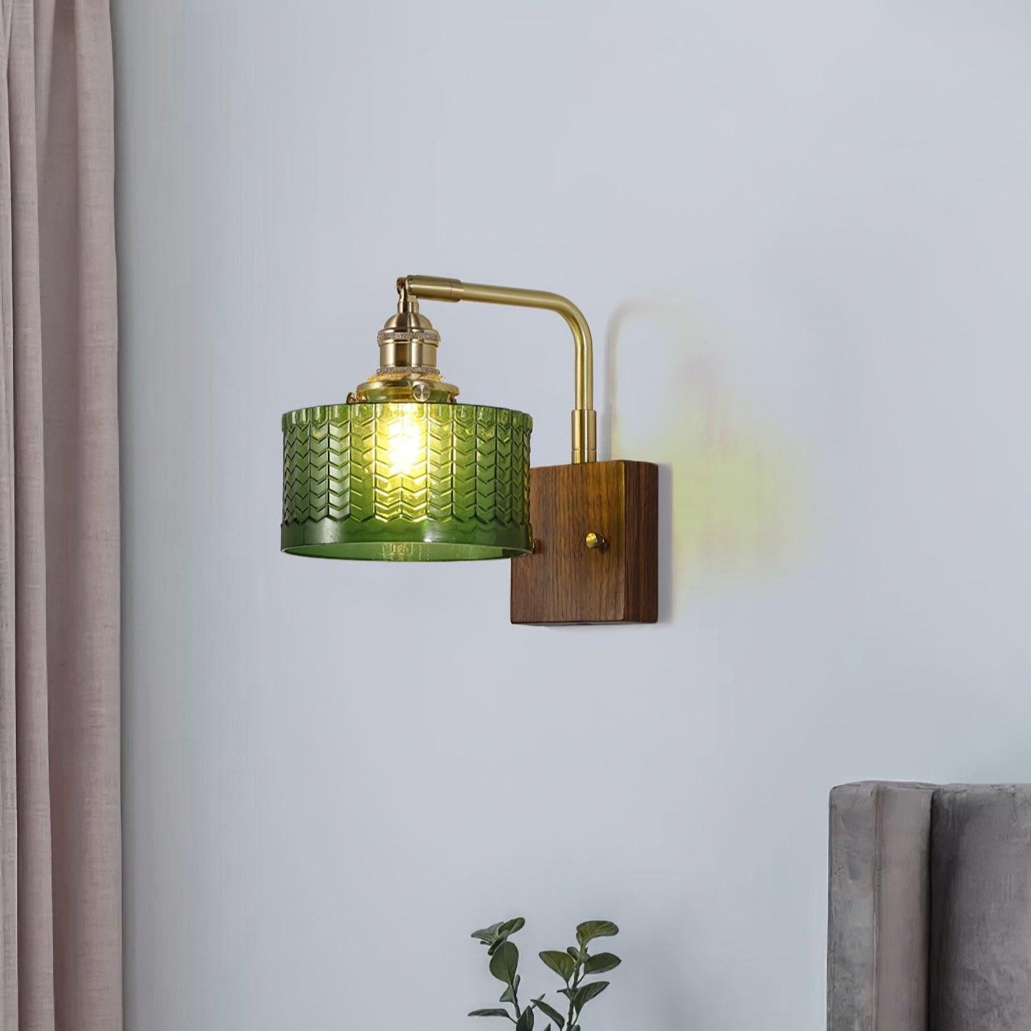 Camela Wall Lamp | Rustic Green Glass & Wood Sconce | Fish Scale Art Glass Lighting | E26/E27 LED or Incandescent | Living Room Bedroom Hallway