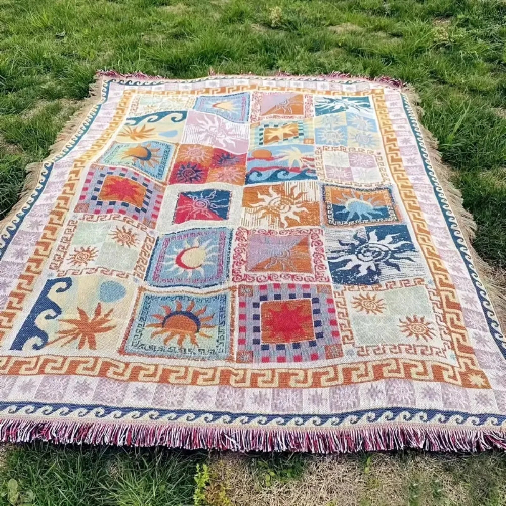 Outdoor Picnic Blanket with Fringes | Thick Durable Microfiber Blend | Soft Knitted Design | Beach Camping Travel Use