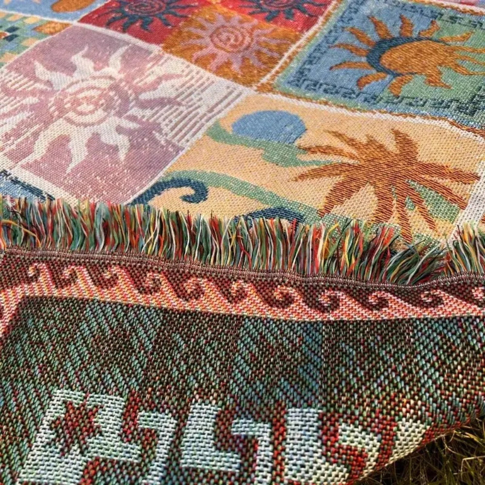 Outdoor Picnic Blanket with Fringes | Thick Durable Microfiber Blend | Soft Knitted Design | Beach Camping Travel Use