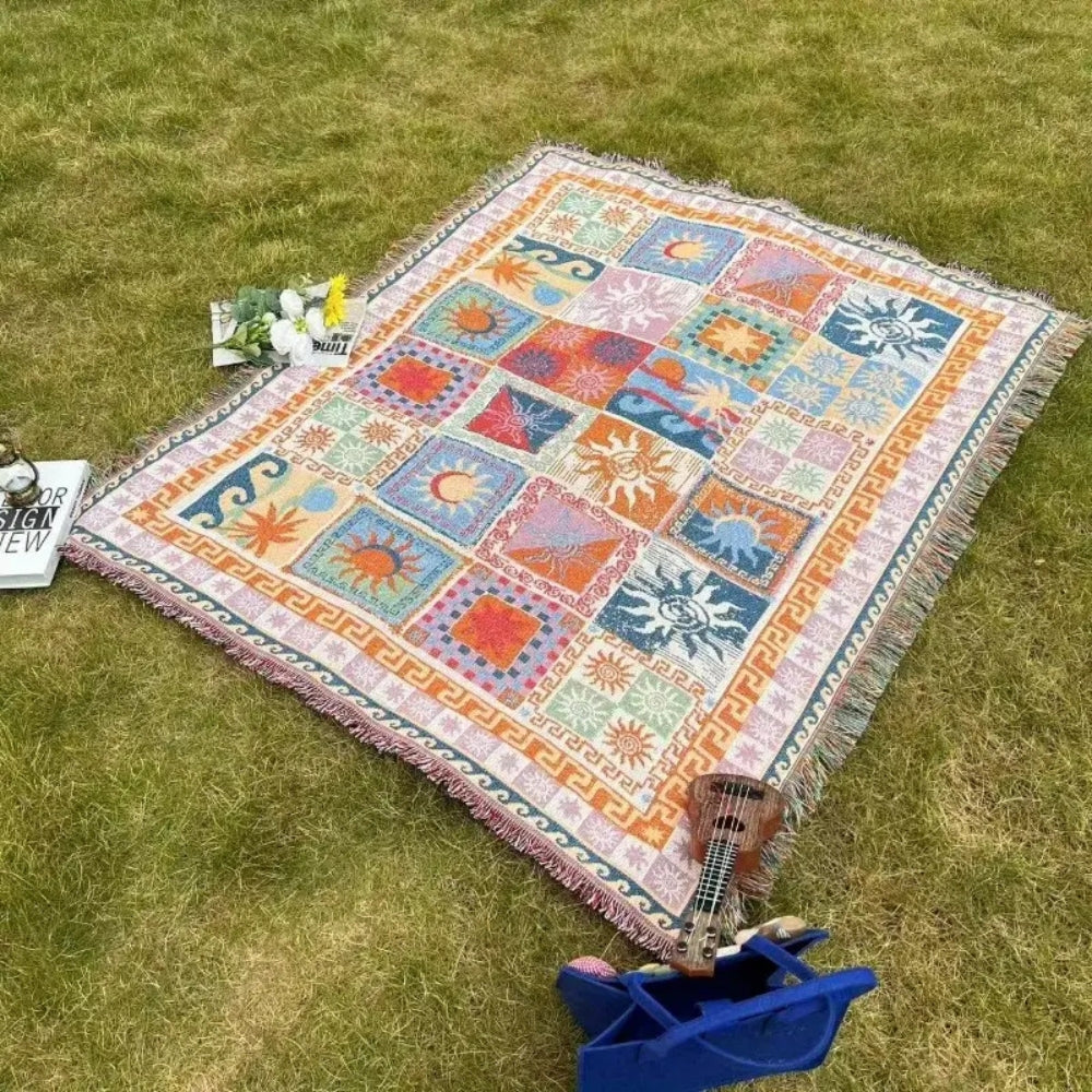 Outdoor Picnic Blanket with Fringes | Thick Durable Microfiber Blend | Soft Knitted Design | Beach Camping Travel Use