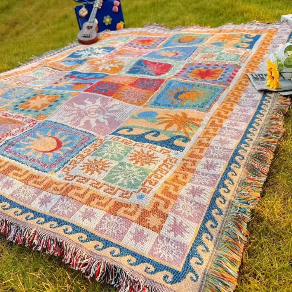 Outdoor Picnic Blanket with Fringes | Thick Durable Microfiber Blend | Soft Knitted Design | Beach Camping Travel Use