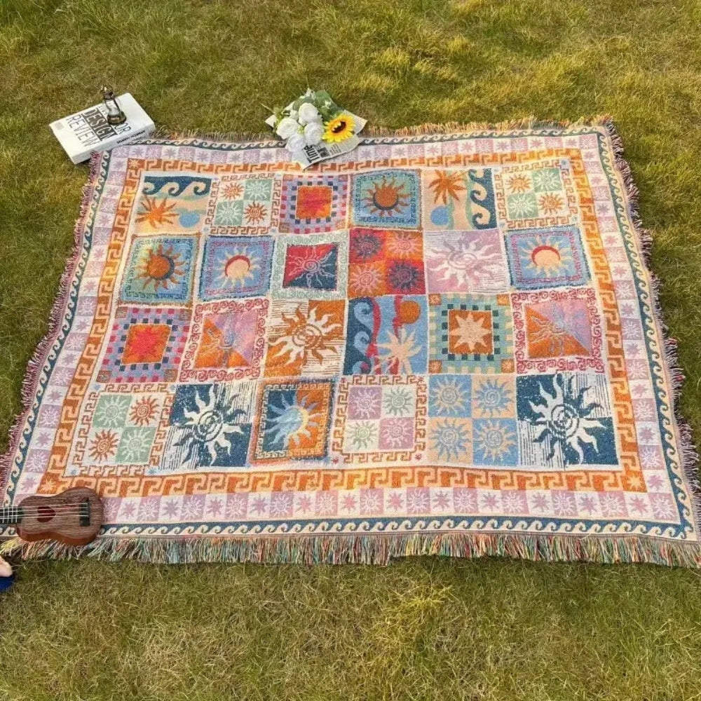 Outdoor Picnic Blanket with Fringes | Thick Durable Microfiber Blend | Soft Knitted Design | Beach Camping Travel Use
