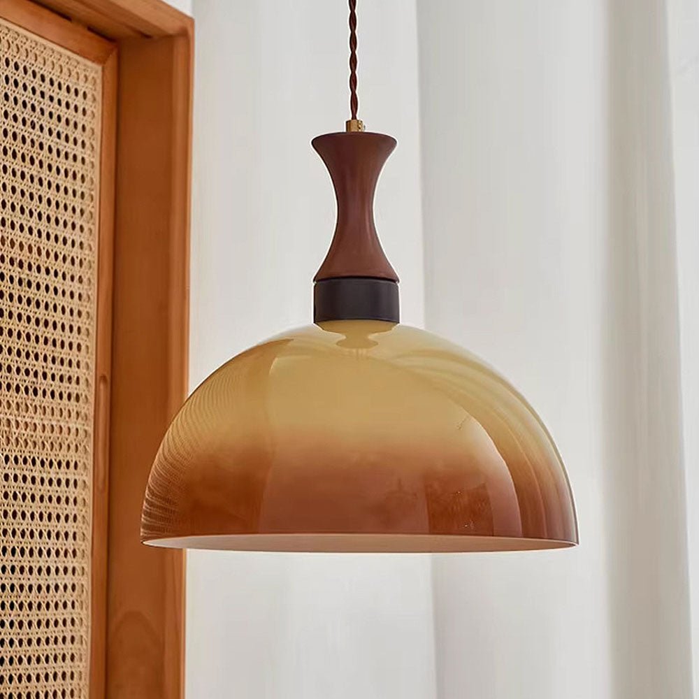 Retro Amber Glass Pendant Lamp Farmhouse Ceiling Light | Vintage Iron Shade Design | E26 LED Compatible | Dining Room Kitchen Lighting