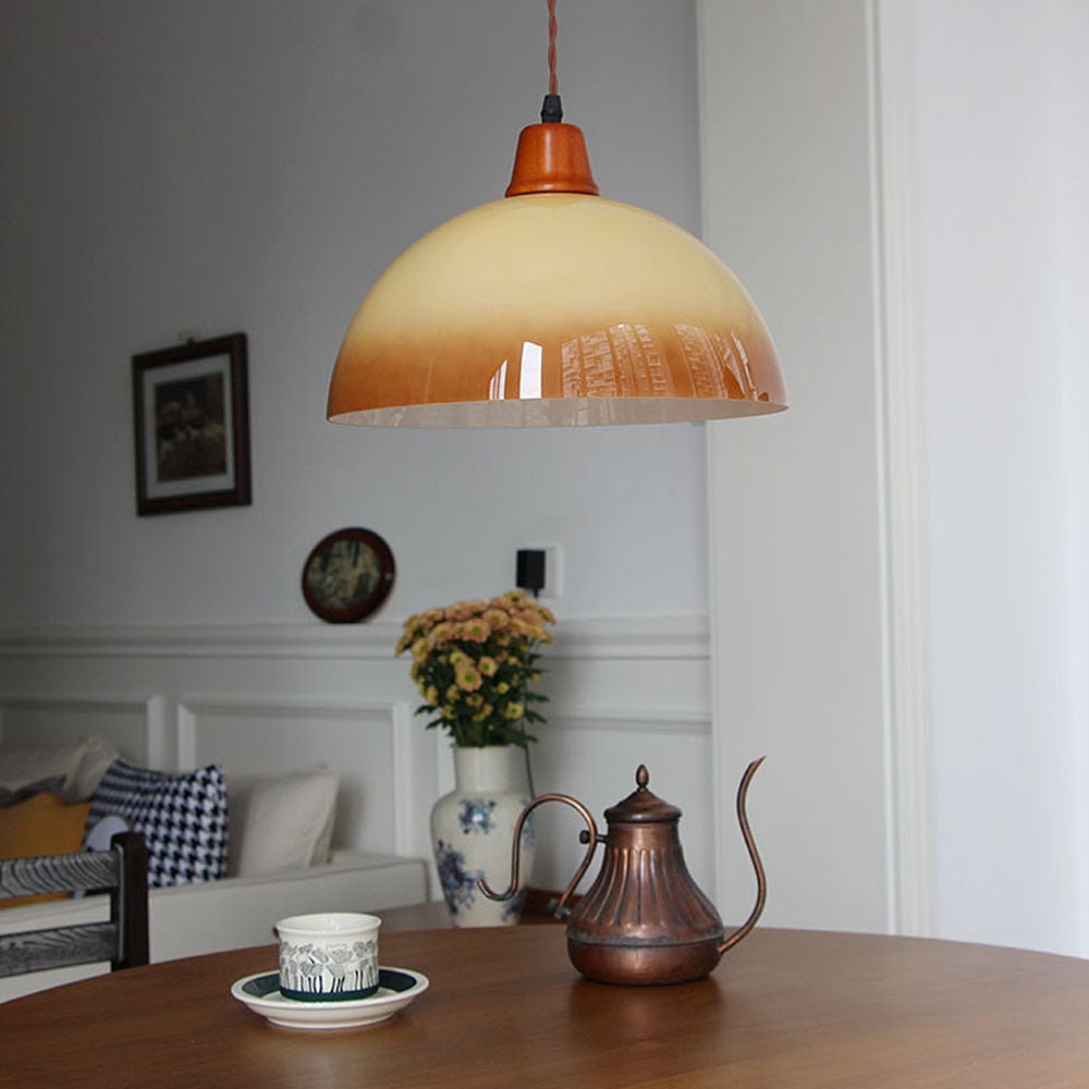 Retro Amber Glass Pendant Lamp Farmhouse Ceiling Light | Vintage Iron Shade Design | E26 LED Compatible | Dining Room Kitchen Lighting
