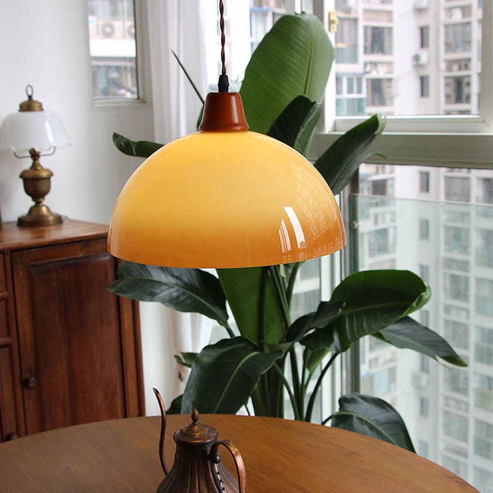Retro Amber Glass Pendant Lamp Farmhouse Ceiling Light | Vintage Iron Shade Design | E26 LED Compatible | Dining Room Kitchen Lighting
