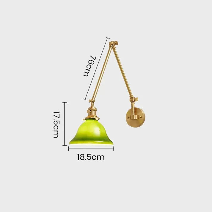 Vintage Adjustable Green Glass Wall Lamp | Brass Fixture with Articulating Arm | E27 Lighting | Classic Interior Wall Light