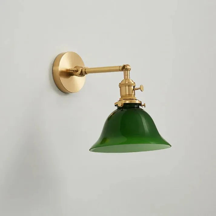 Vintage Adjustable Green Glass Wall Lamp | Brass Fixture with Articulating Arm | E27 Lighting | Classic Interior Wall Light