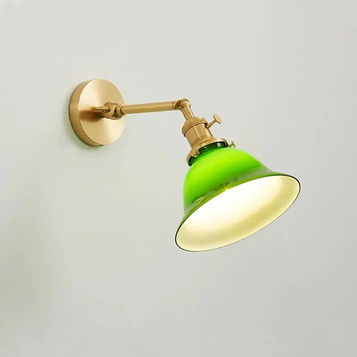 Vintage Adjustable Green Glass Wall Lamp | Brass Fixture with Articulating Arm | E27 Lighting | Classic Interior Wall Light