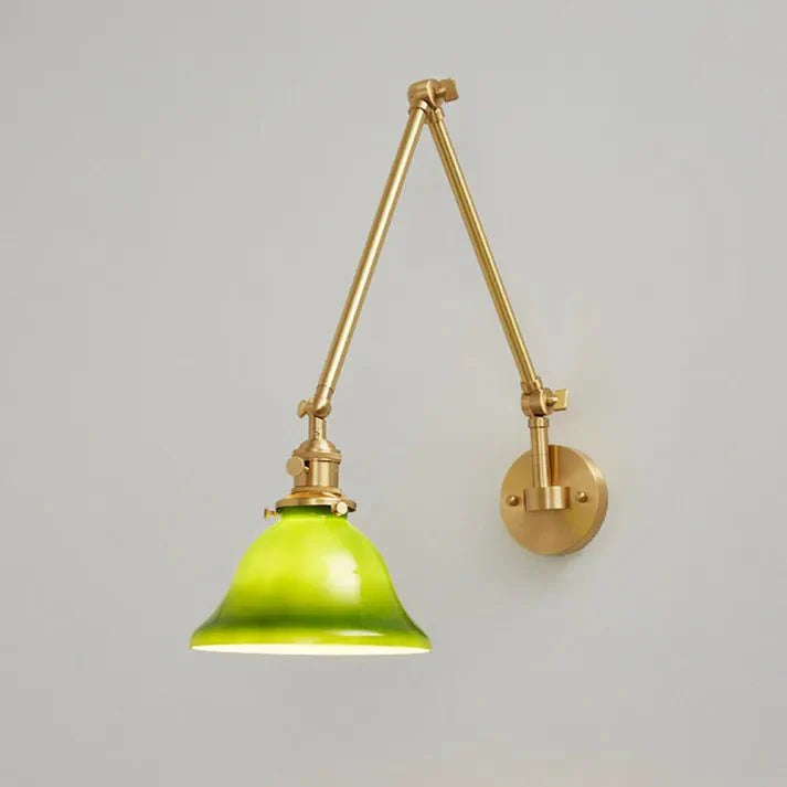 Vintage Adjustable Green Glass Wall Lamp | Brass Fixture with Articulating Arm | E27 Lighting | Classic Interior Wall Light