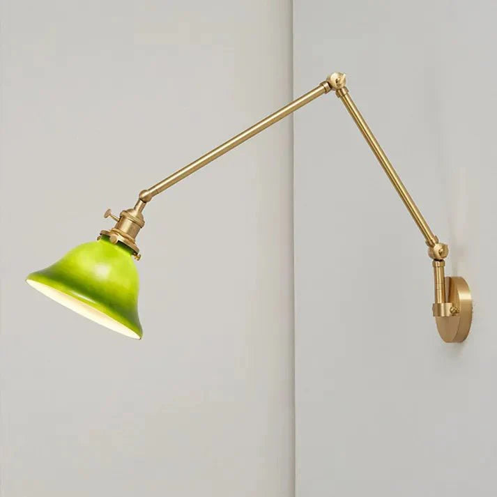 Vintage Adjustable Green Glass Wall Lamp | Brass Fixture with Articulating Arm | E27 Lighting | Classic Interior Wall Light