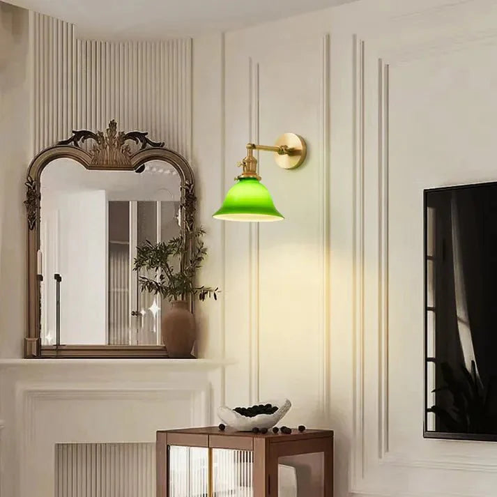 Vintage Adjustable Green Glass Wall Lamp | Brass Fixture with Articulating Arm | E27 Lighting | Classic Interior Wall Light