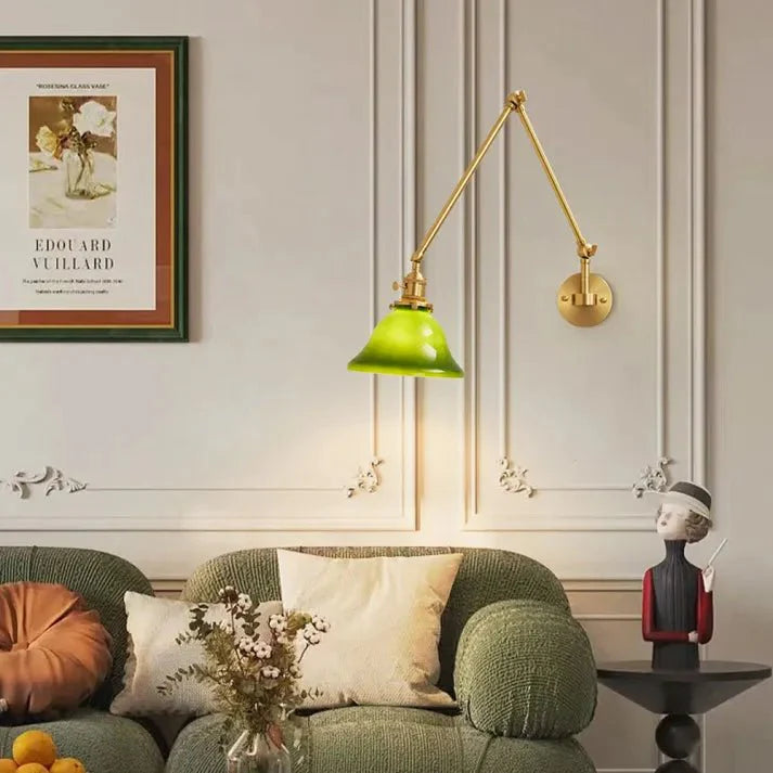 Vintage Adjustable Green Glass Wall Lamp | Brass Fixture with Articulating Arm | E27 Lighting | Classic Interior Wall Light