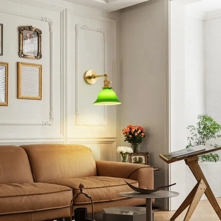 Vintage Adjustable Green Glass Wall Lamp | Brass Fixture with Articulating Arm | E27 Lighting | Classic Interior Wall Light