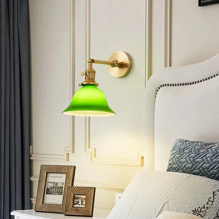 Vintage Adjustable Green Glass Wall Lamp | Brass Fixture with Articulating Arm | E27 Lighting | Classic Interior Wall Light