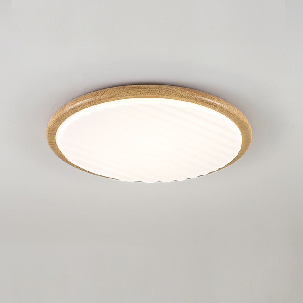 Round Wood Pleated LED Ceiling Lamp for Bedroom | Natural Textured Design | 3 Color Temperature Lighting | Slim Flush Mount 30–50cm