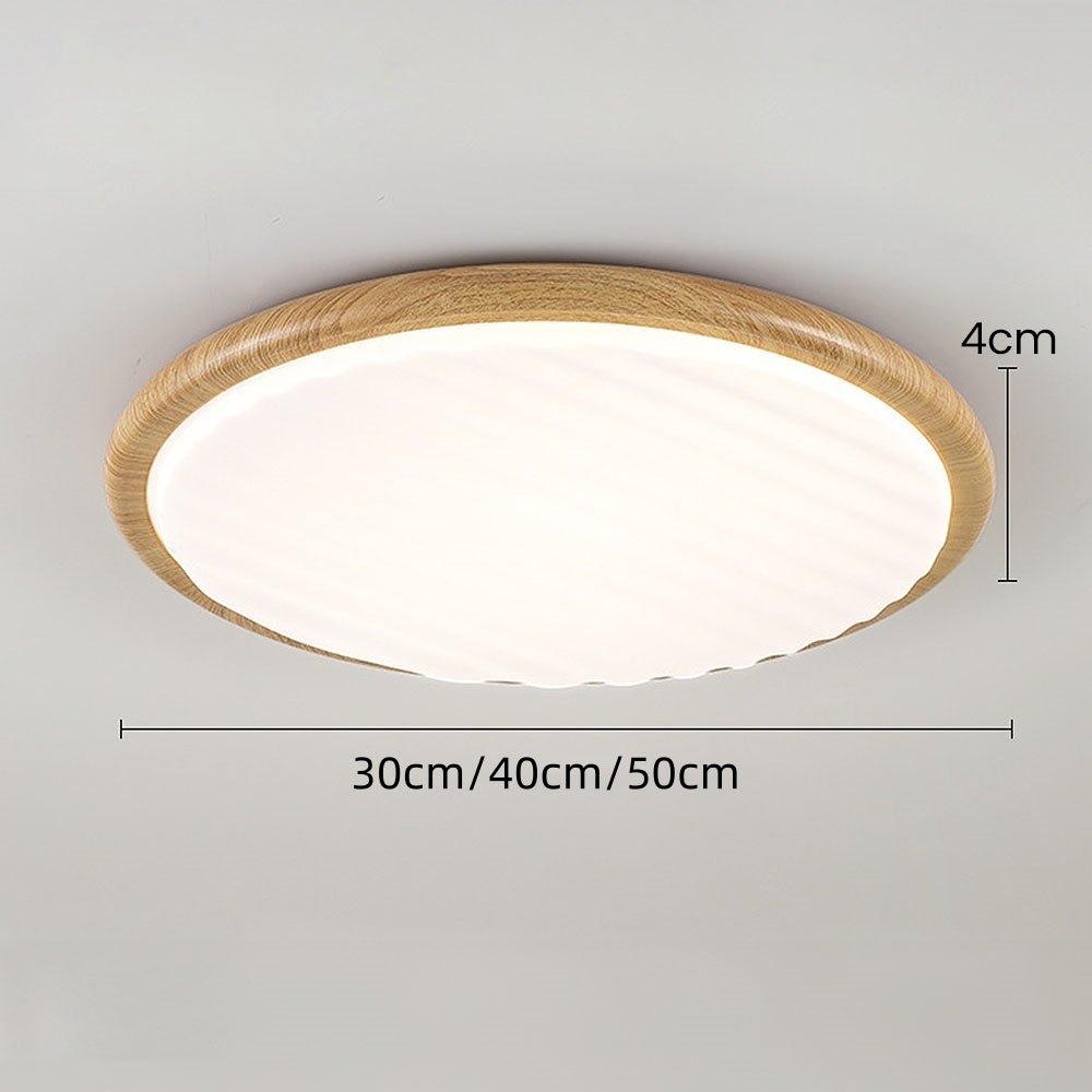 Round Wood Pleated LED Ceiling Lamp for Bedroom | Natural Textured Design | 3 Color Temperature Lighting | Slim Flush Mount 30–50cm
