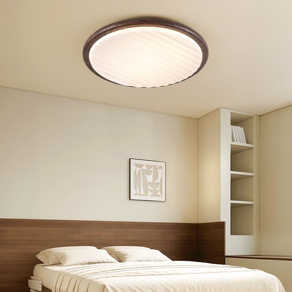 Round Wood Pleated LED Ceiling Lamp for Bedroom | Natural Textured Design | 3 Color Temperature Lighting | Slim Flush Mount 30–50cm