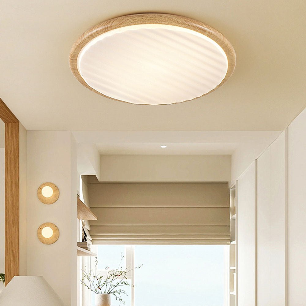 Round Wood Pleated LED Ceiling Lamp for Bedroom | Natural Textured Design | 3 Color Temperature Lighting | Slim Flush Mount 30–50cm