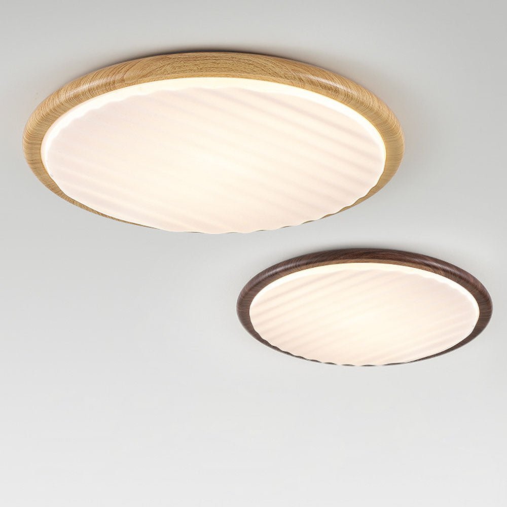 Round Wood Pleated LED Ceiling Lamp for Bedroom | Natural Textured Design | 3 Color Temperature Lighting | Slim Flush Mount 30–50cm