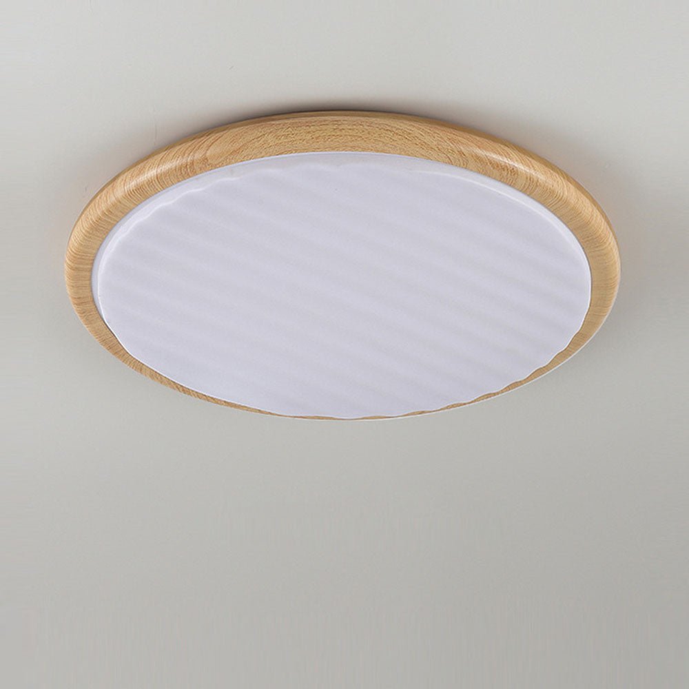 Round Wood Pleated LED Ceiling Lamp for Bedroom | Natural Textured Design | 3 Color Temperature Lighting | Slim Flush Mount 30–50cm