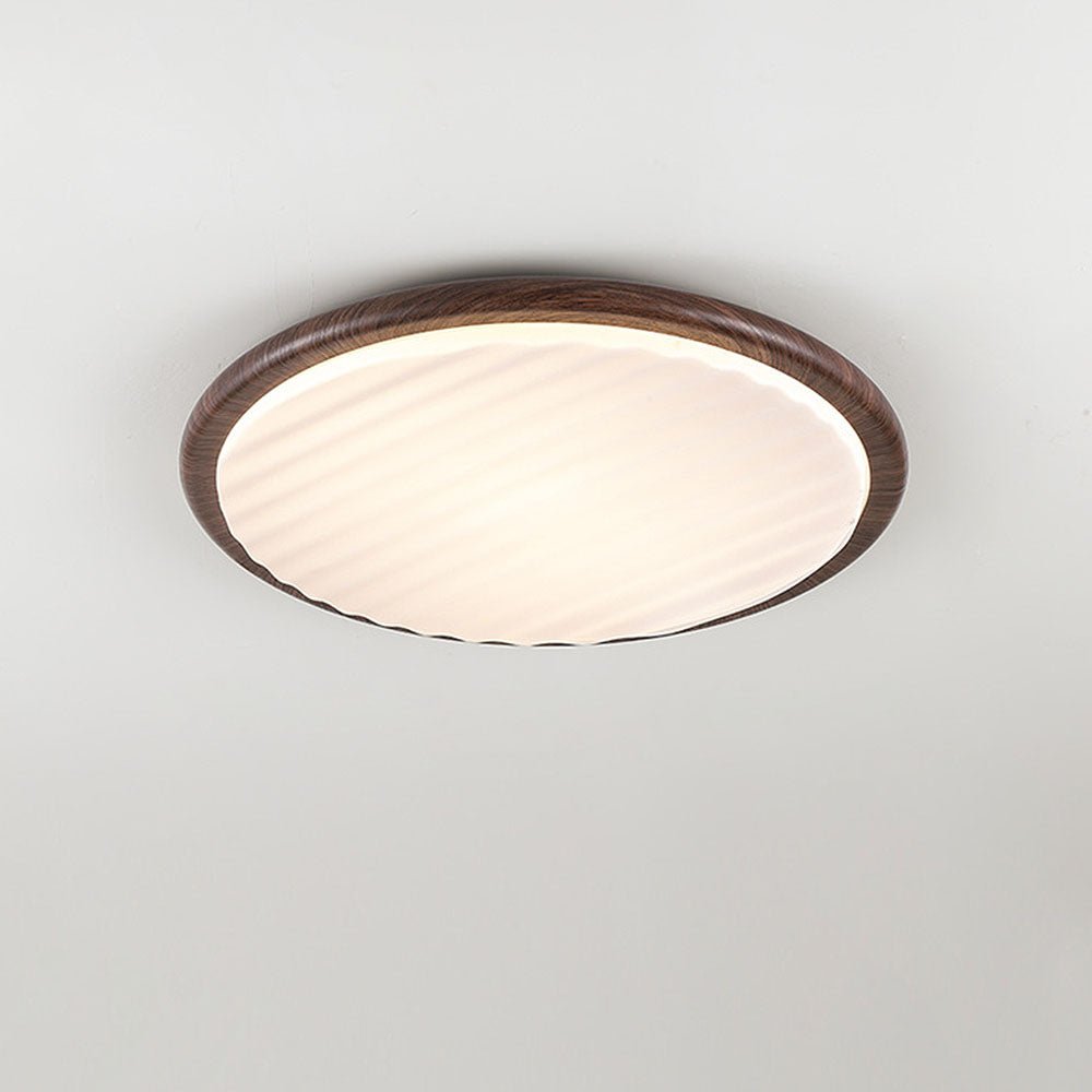 Round Wood Pleated LED Ceiling Lamp for Bedroom | Natural Textured Design | 3 Color Temperature Lighting | Slim Flush Mount 30–50cm