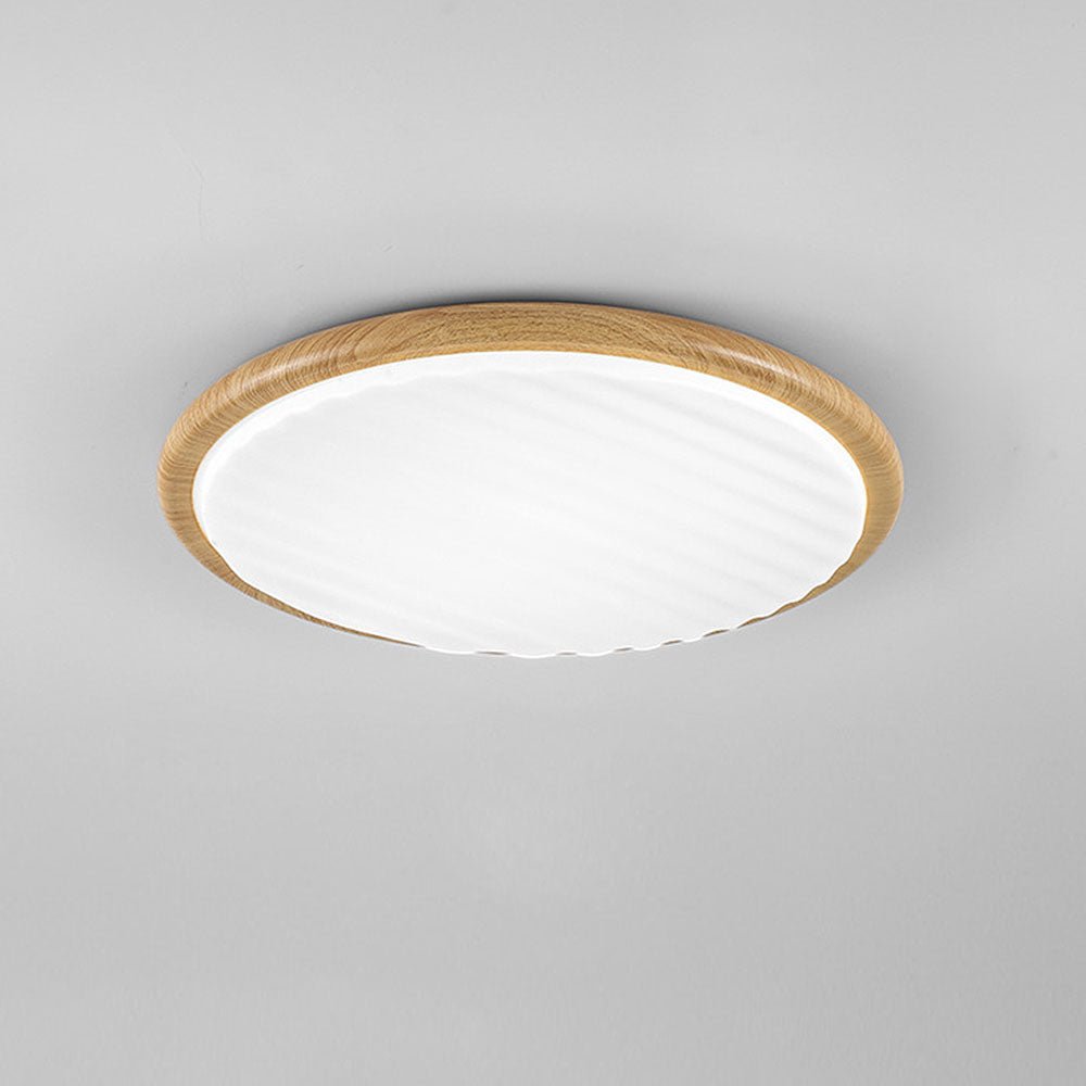 Round Wood Pleated LED Ceiling Lamp for Bedroom | Natural Textured Design | 3 Color Temperature Lighting | Slim Flush Mount 30–50cm