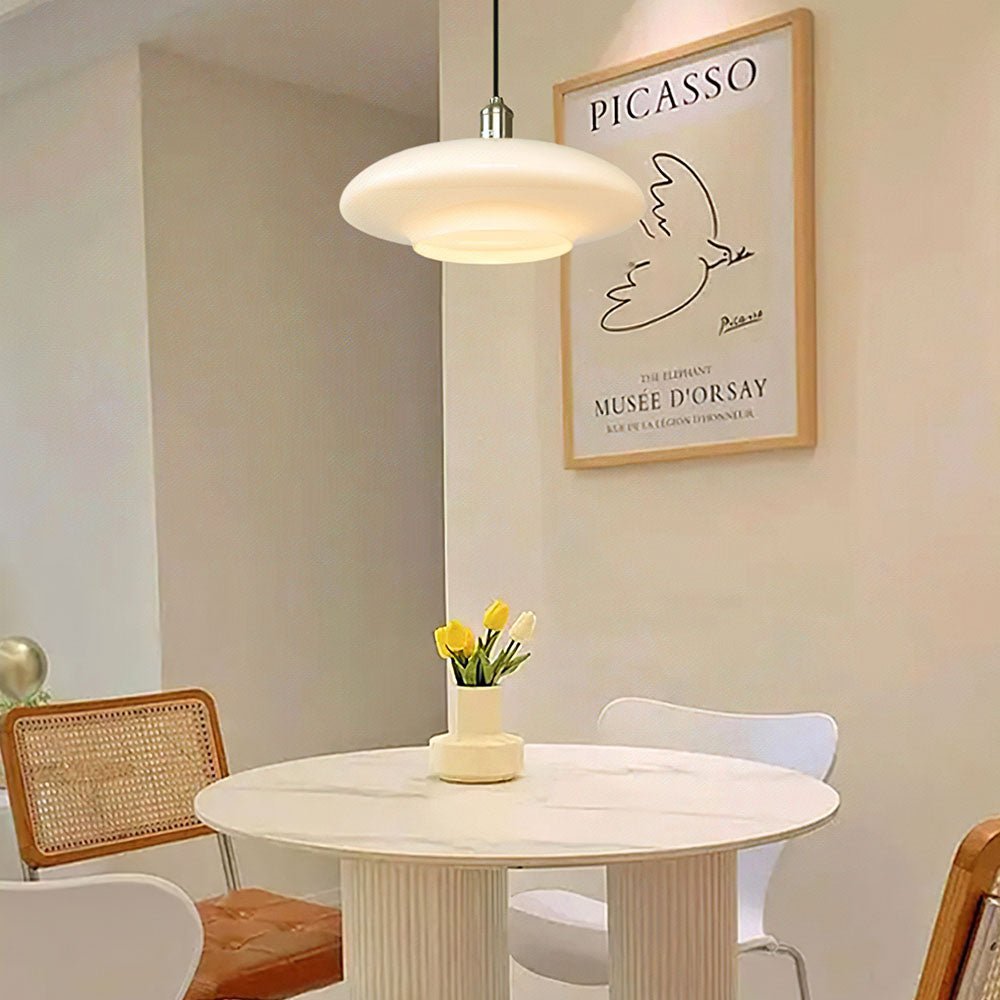 Modern White Glass Pendant Lamp E27 Ceiling Light | Minimalist Round Hanging Fixture | Dining & Living Room Ambient Lighting