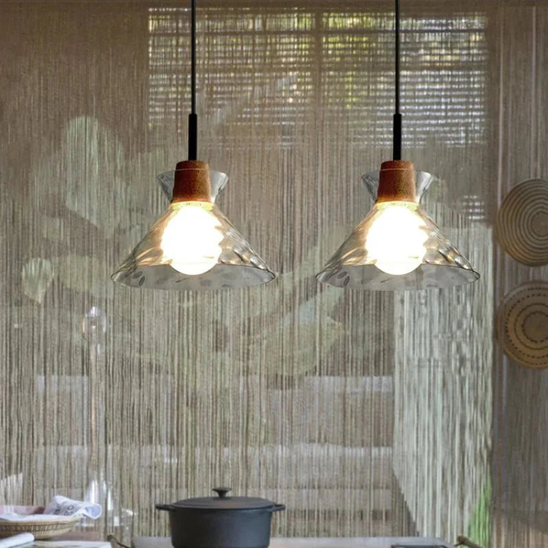 Ripple Glass Pendant Lamp Japanese Minimalist | E27 Dimmable LED | Textured Glass Hanging Light | Modern Wood Accent Lighting