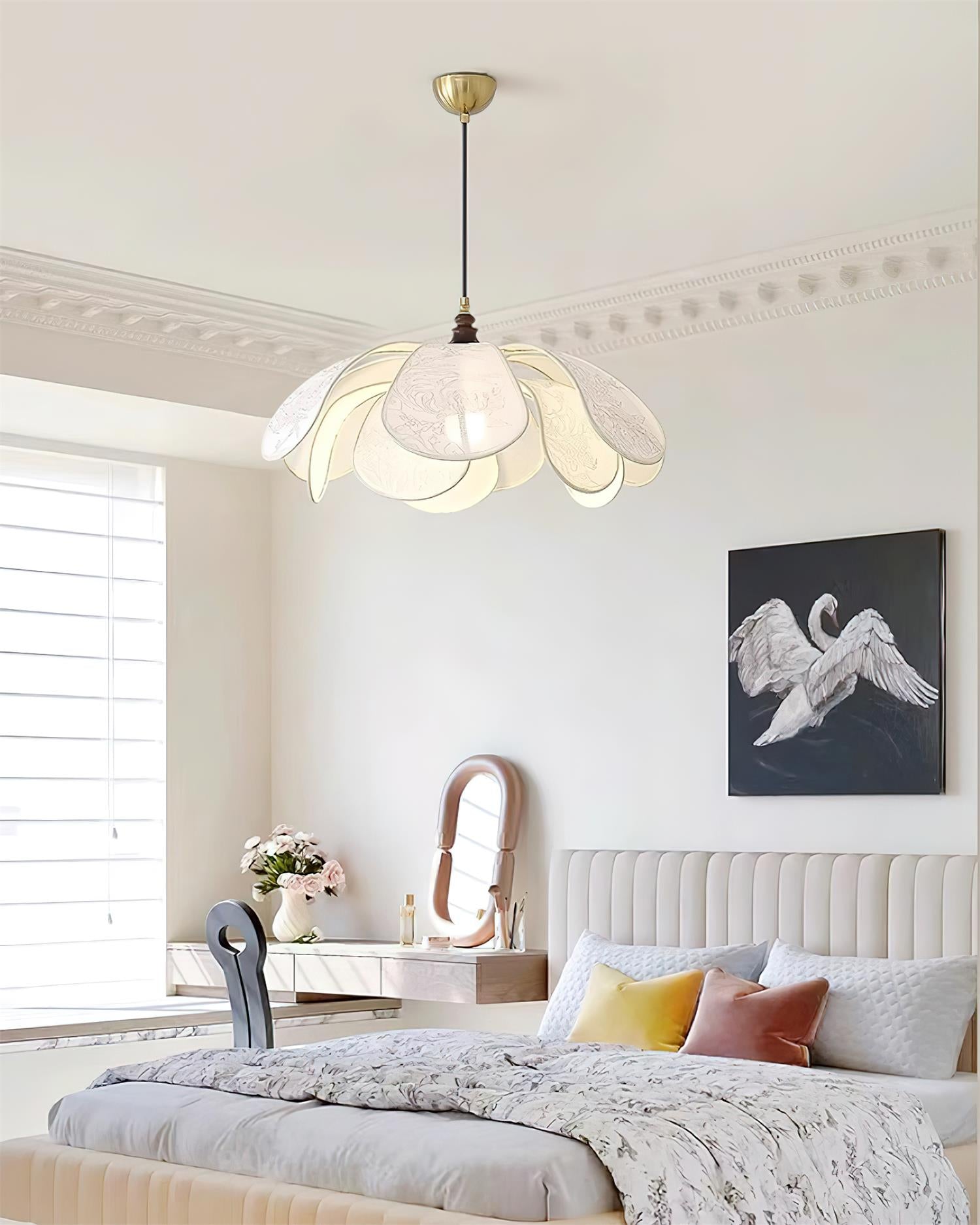 Floral Pendant Lamp Modern Fabric & Wood Ceiling Light | Soft Ambient Glow | E26 E27 Socket | Living Room & Dining Lighting