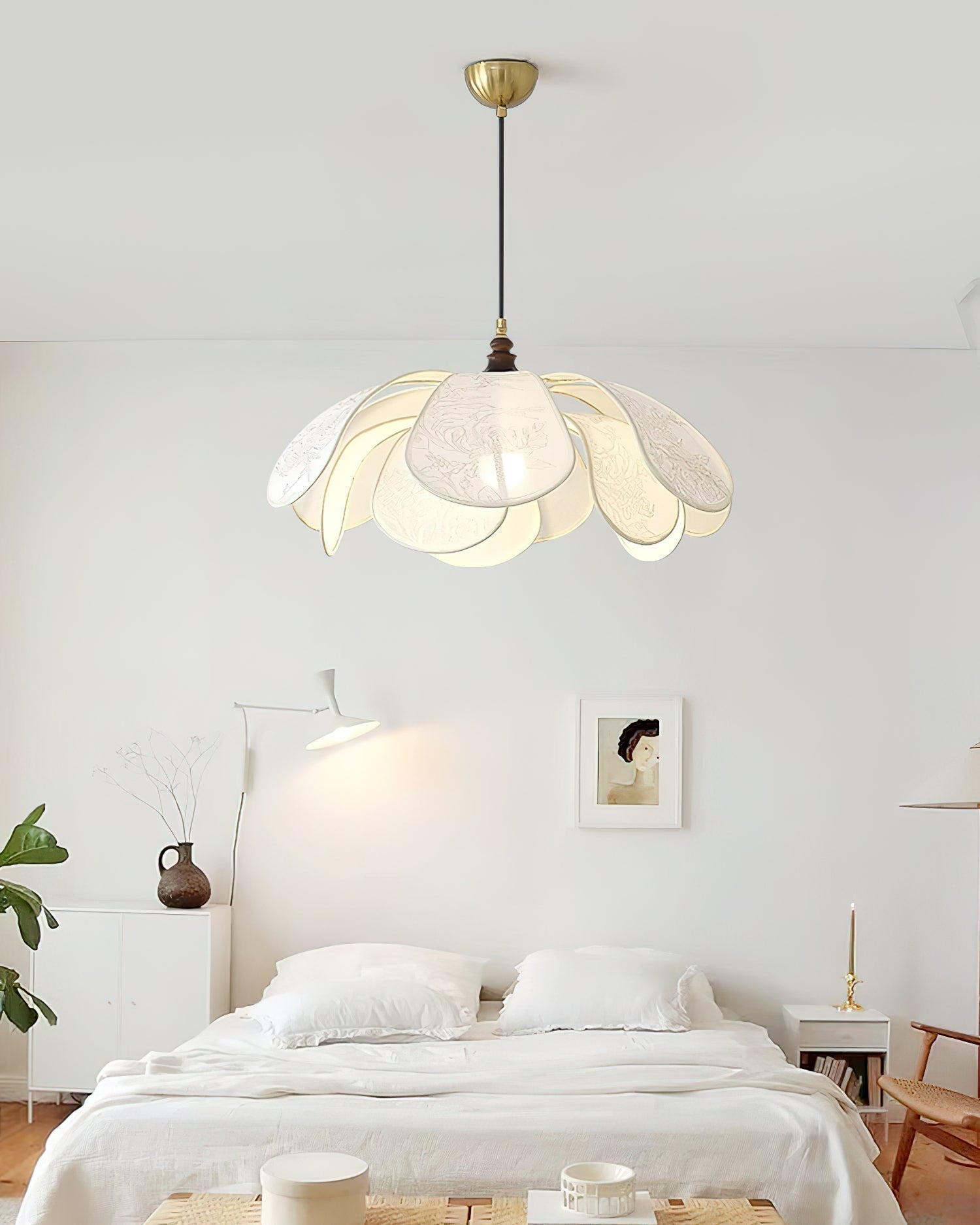 Floral Pendant Lamp Modern Fabric & Wood Ceiling Light | Soft Ambient Glow | E26 E27 Socket | Living Room & Dining Lighting