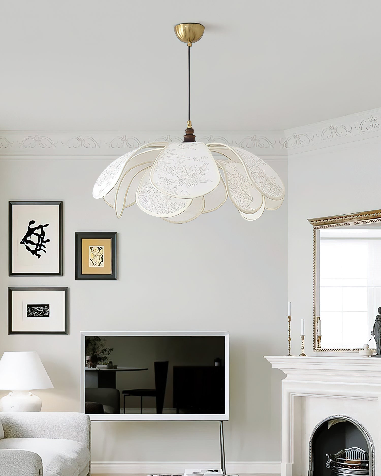 Floral Pendant Lamp Modern Fabric & Wood Ceiling Light | Soft Ambient Glow | E26 E27 Socket | Living Room & Dining Lighting