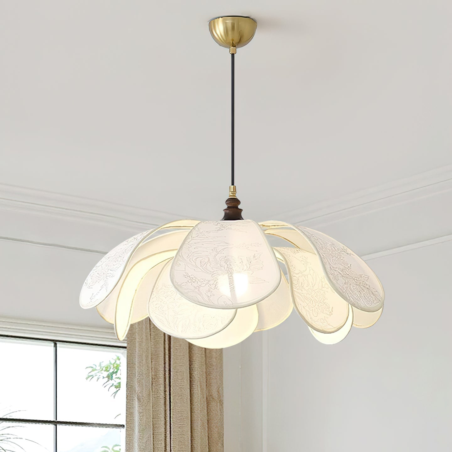 Floral Pendant Lamp Modern Fabric & Wood Ceiling Light | Soft Ambient Glow | E26 E27 Socket | Living Room & Dining Lighting