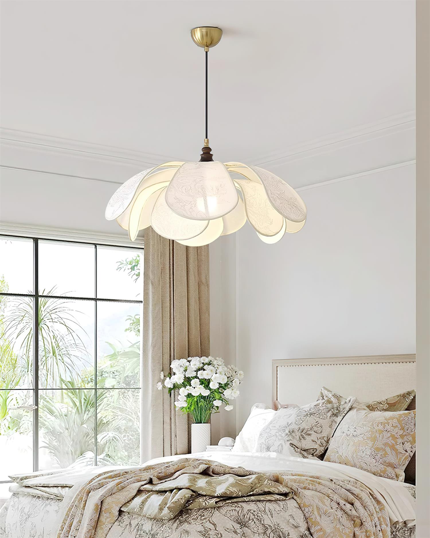 Floral Pendant Lamp Modern Fabric & Wood Ceiling Light | Soft Ambient Glow | E26 E27 Socket | Living Room & Dining Lighting