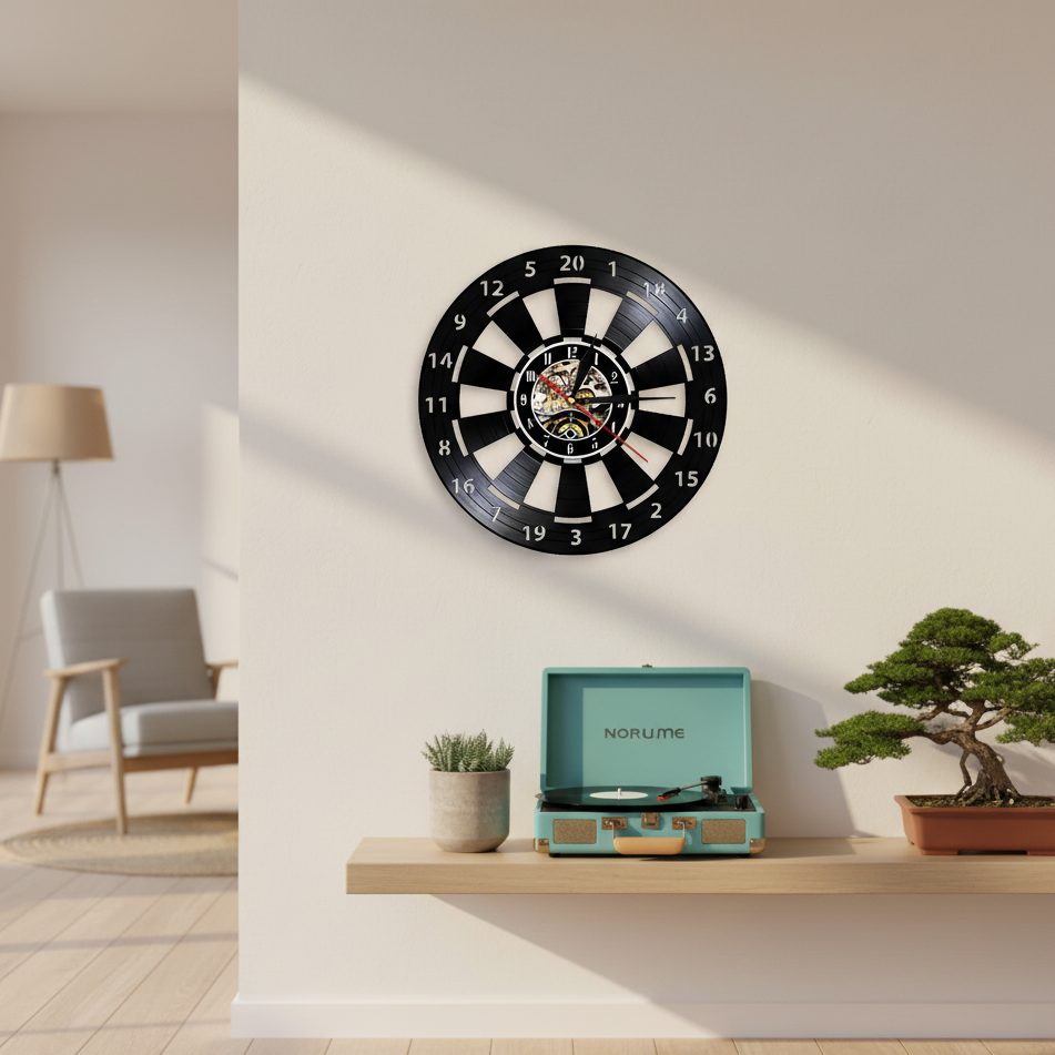 Vintage Vinyl Dart Wall Clock 30 cm for Bar Game Room Decor | Recycled Record Design | Silent Quartz Movement