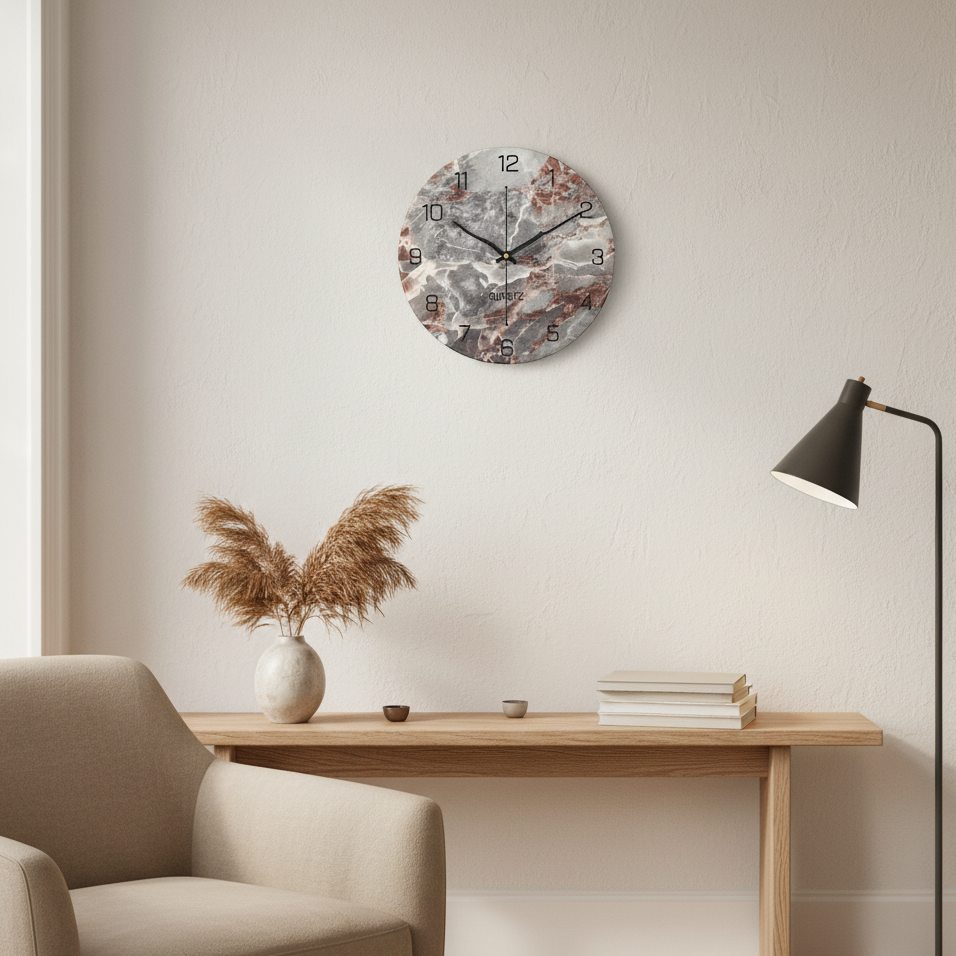 Modern Marble Look Wall Clock 30 cm for Living Room Decor | Silent Quartz Movement | Elegant Minimalist Design