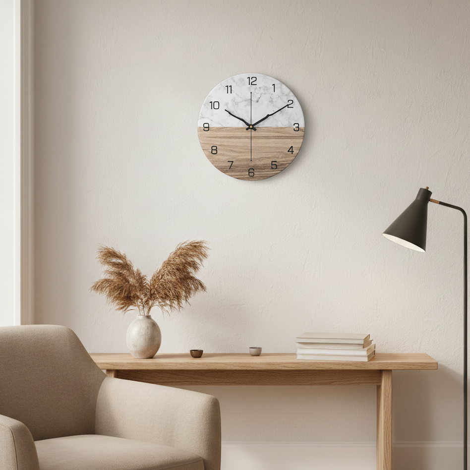 Modern Marble Look Wall Clock 30 cm for Living Room Decor | Silent Quartz Movement | Elegant Minimalist Design