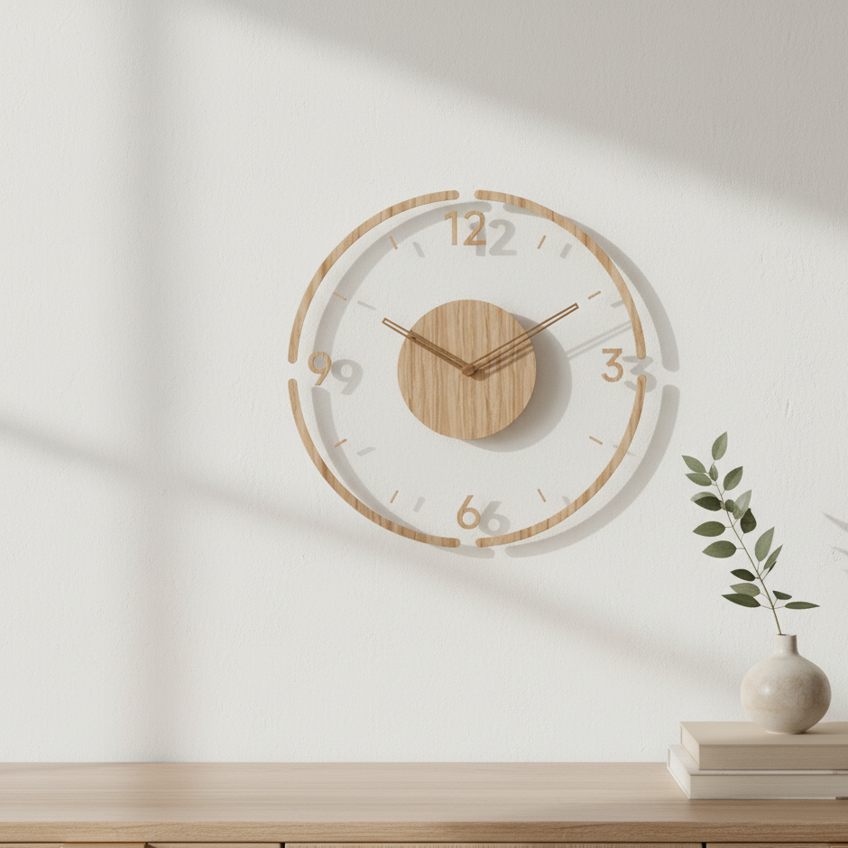 Scandinavian Wooden Wall Clock 35 cm for Modern Interior Decor | Solid Wood Design | Silent Quartz Movement