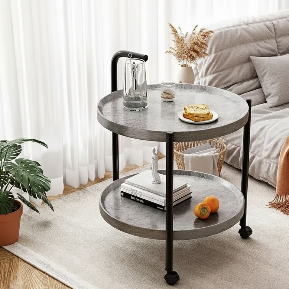 Floravelle Two-Tier Wooden Side Table on Wheels | Mobile Space-Saving Storage Coffee & Nightstand Table | Modern Natural Wood Design | Ø40 × H55 cm