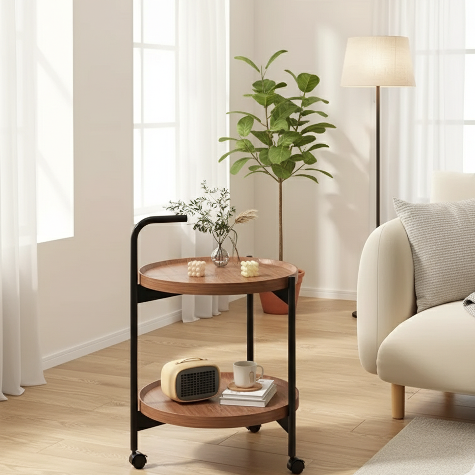 Floravelle | Two-Tier Wooden Side Table with Wheels