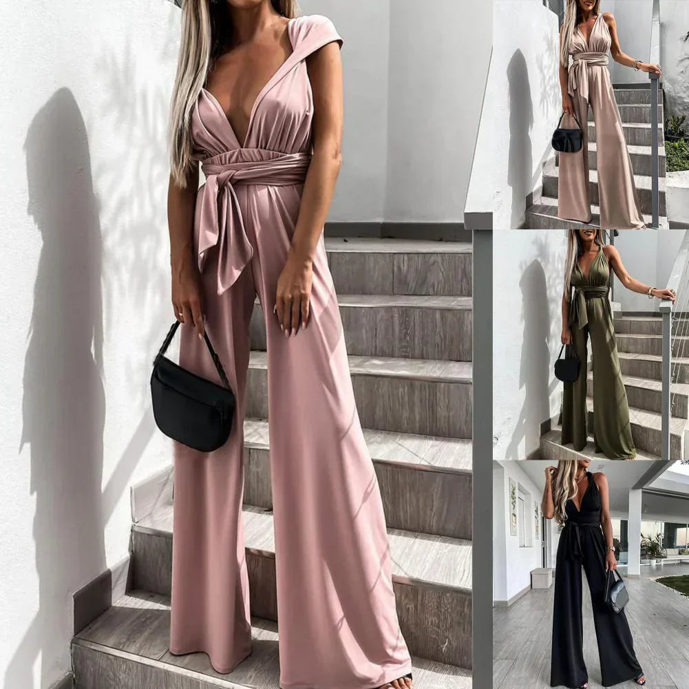 Women | Sleeveless Jumpsuit | V-Neck | Pleated Waist | Belted | Wide-Leg