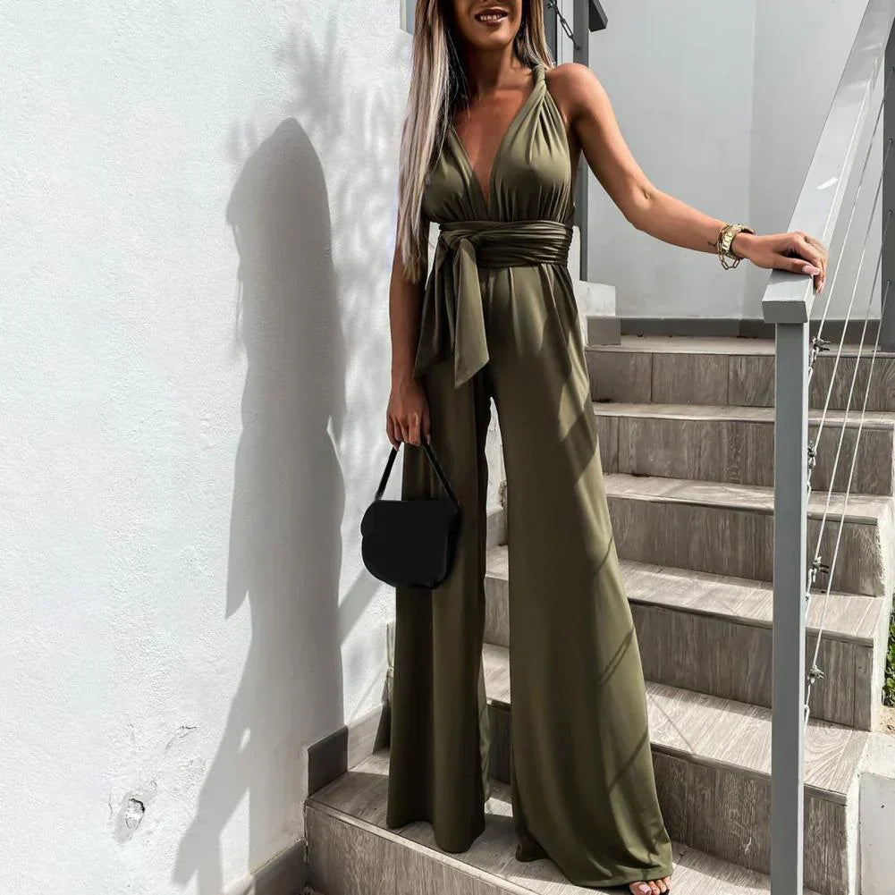 Women | Sleeveless Jumpsuit | V-Neck | Pleated Waist | Belted | Wide-Leg