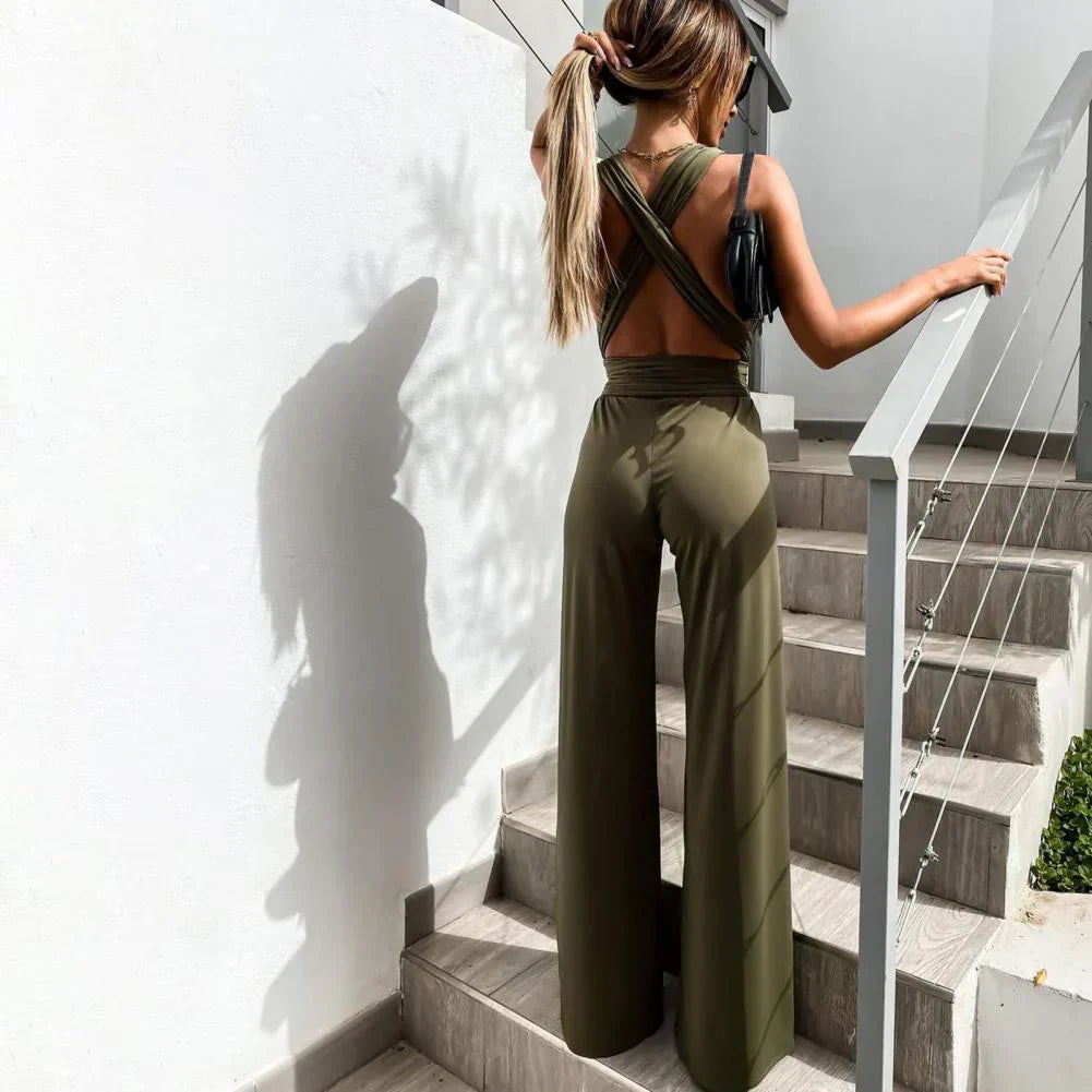 Women | Sleeveless Jumpsuit | V-Neck | Pleated Waist | Belted | Wide-Leg
