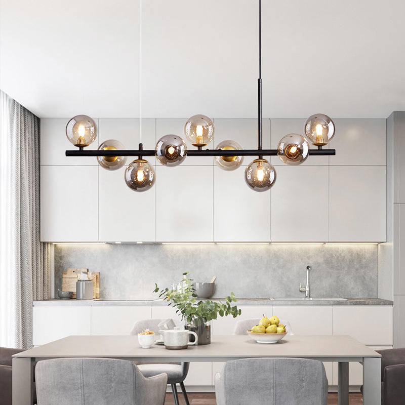 Luxury Dining Table Pendant Lamp 9-Light Linear Chandelier | Iron Glass | 83×24cm | Adjustable Height 1m | Modern Dining Room Lighting