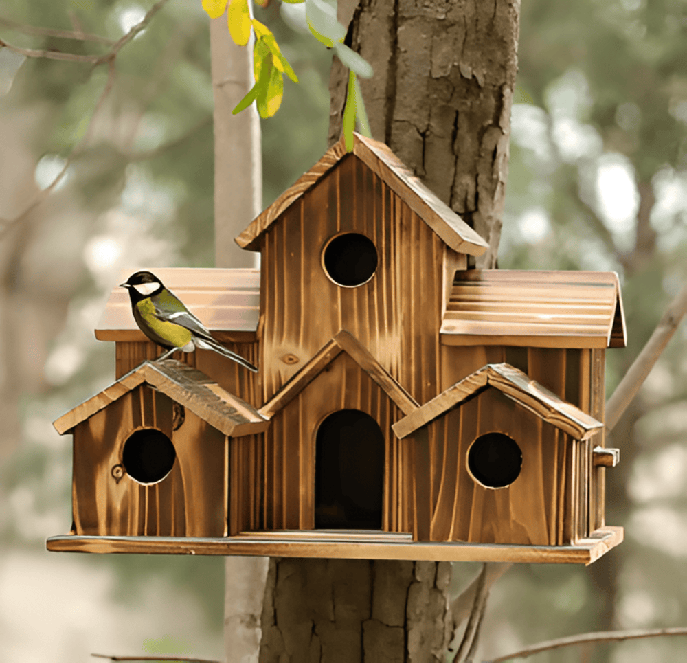 Wooden Hanging Birdhouse for Garden & Balcony | Weatherproof Natural Wood Design | Easy Hang Bird Feeder Shelter | 20 x 14 x 15 cm
