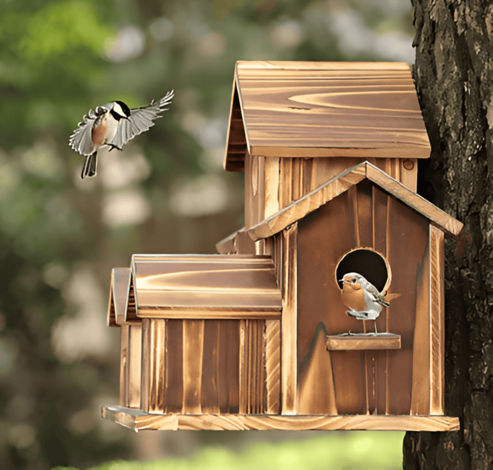 Wooden Hanging Birdhouse for Garden & Balcony | Weatherproof Natural Wood Design | Easy Hang Bird Feeder Shelter | 20 x 14 x 15 cm